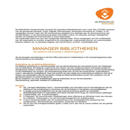 Vacature manager bibliotheken Bibliotheek Oosterschelde