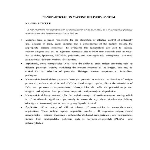 NANOPARTICLES IN VACCINE DELIVERY SYSTEM