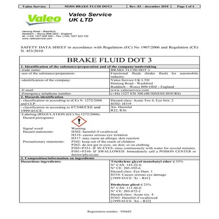 Valeo Braking Systems Brake Fluid DOT3 material safety data sheet ...