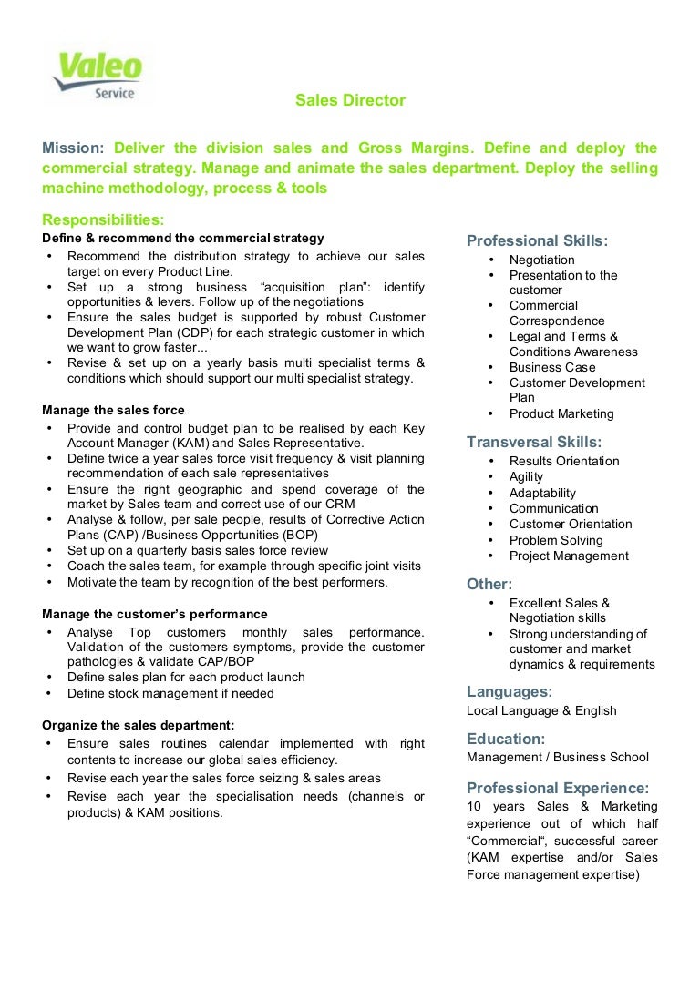 valeo service sales director job description marketing manager resume
