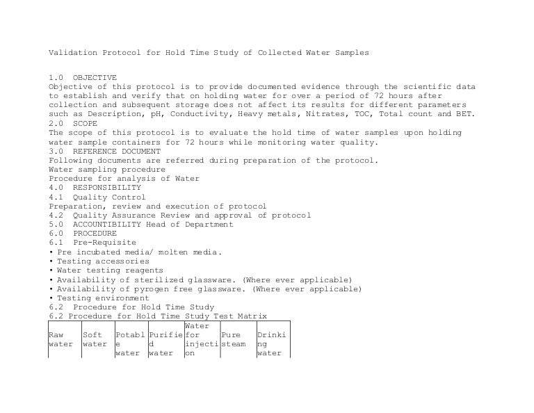 Validation protocol for hold time study of collected water samples