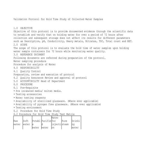 Validation protocol for hold time study of collected water samples