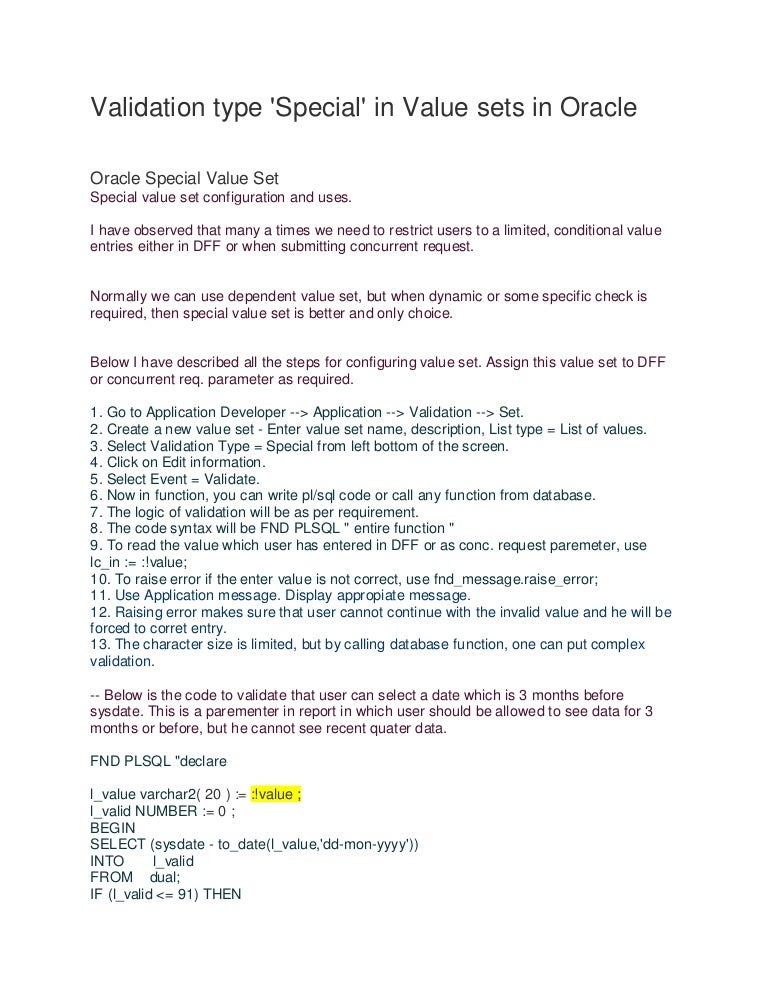 Validation type 'special' in value sets