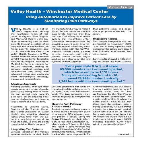 Valley Health – Winchester Medical Center Using Automation to Improve Patient Care by Monitoring Pain Pathways