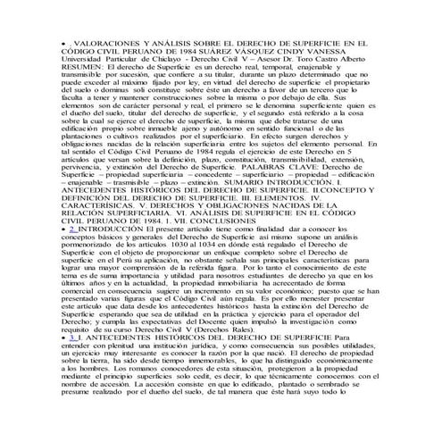 Valoraciones y análisis sobre el derecho de superficie en el código civil per...