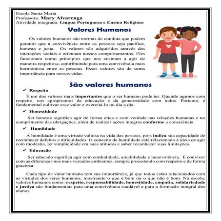 Valores humanos - Atividade Integrada Lígua Portuguesa e Ensino Religioso .