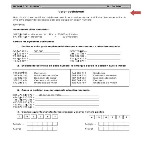 Valor posicional para sexto grado
