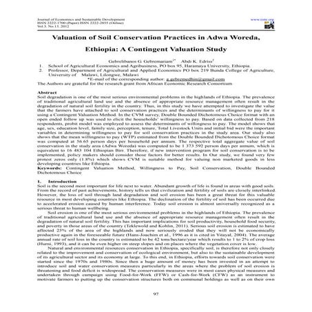 Valuation of soil conservation practices in adwa woreda, ethiopia   a conting...