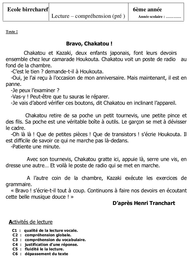Compréhension De Texte 6ème à Imprimer Pdf