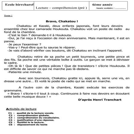 éValuation prerequis lecture 6eme