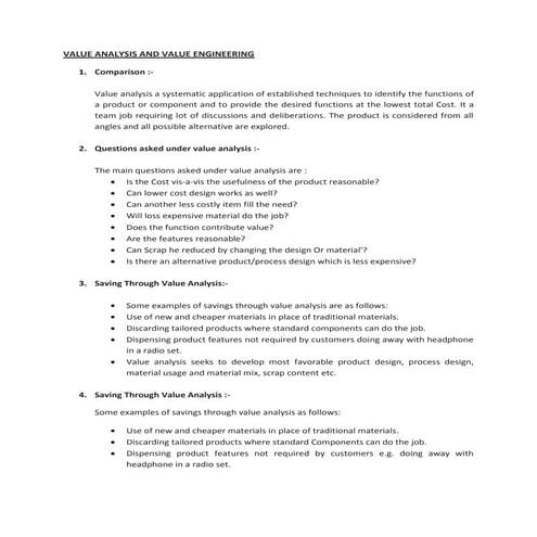 Value analysis and value engineering