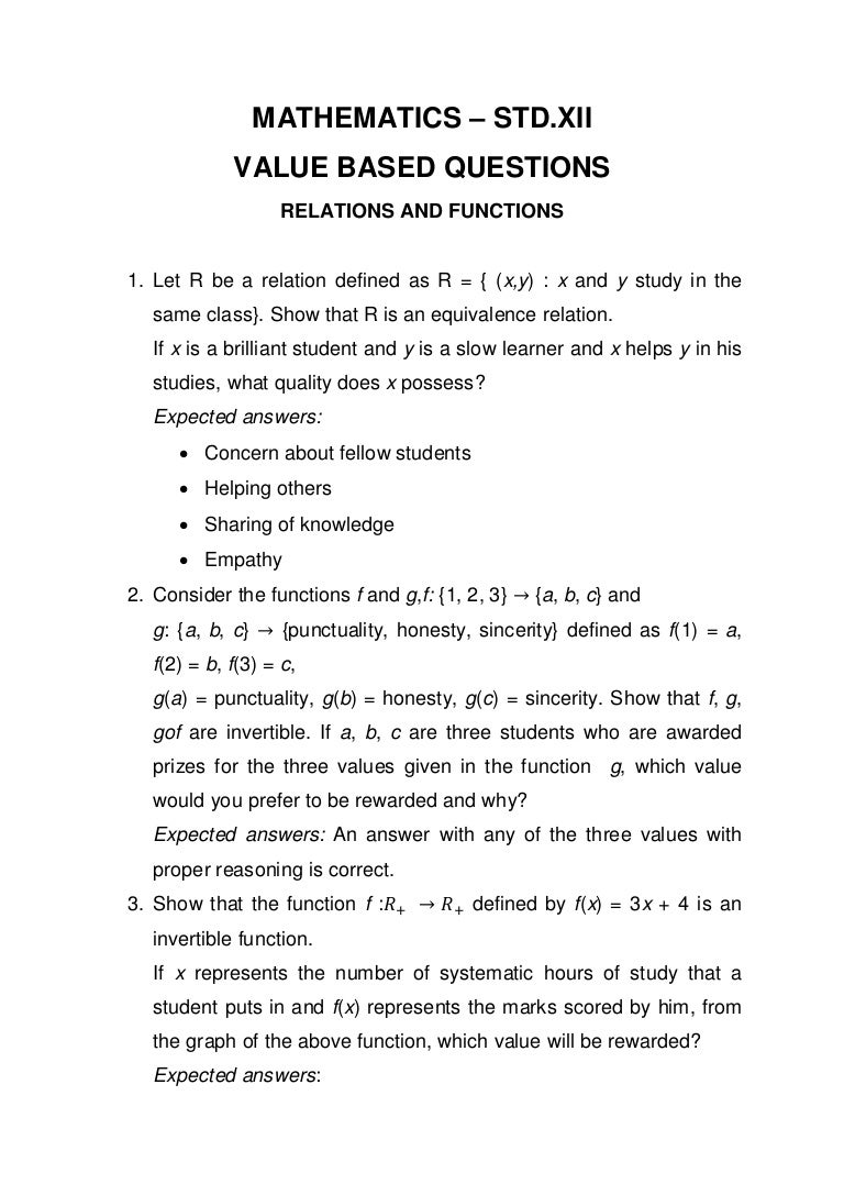 Value based questions xii- maths