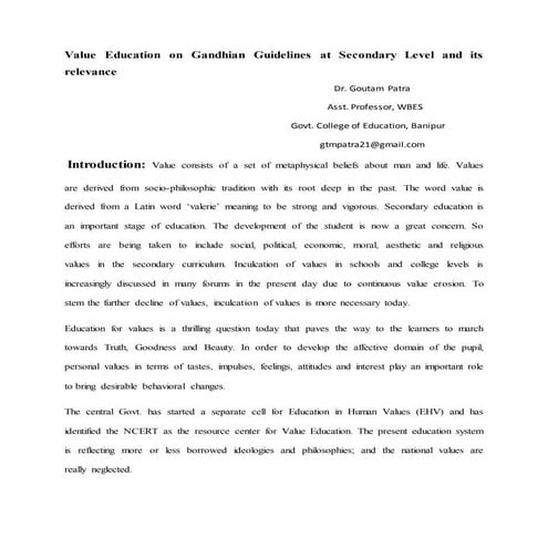 Value education on Gandhian guidelines at secondary level and its relevance