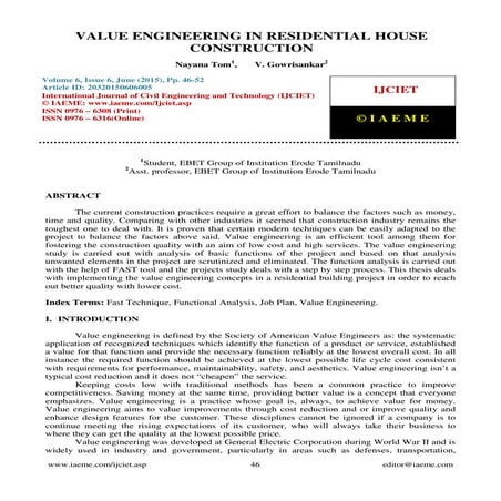 VALUE ENGINEERING IN RESIDENTIAL HOUSE CONSTRUCTION