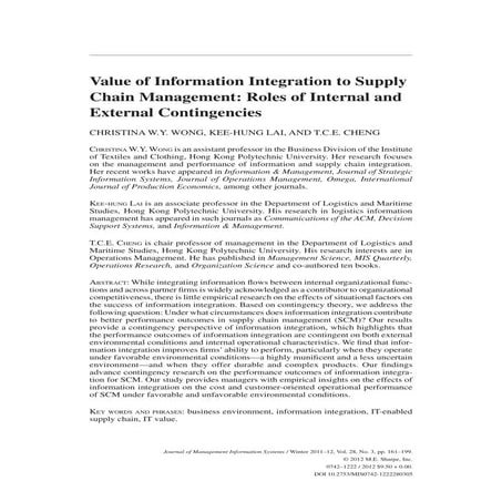 Value of information integration to supply chain management  role of internal...