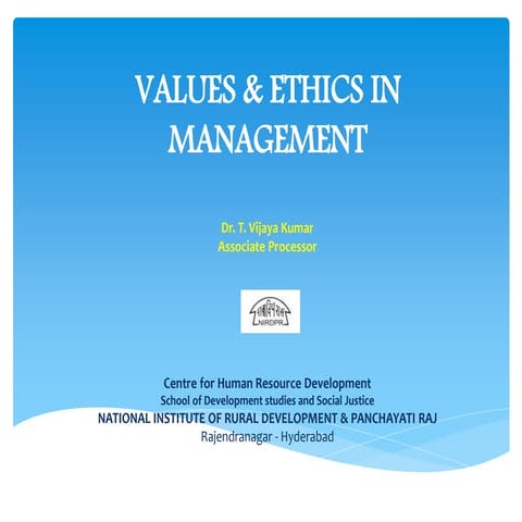 Values and ethics in management   tvk ppt