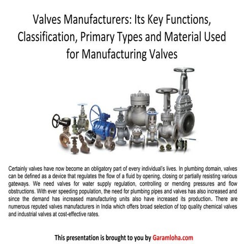 Valves manufacturers its key functions, classification, primary types and mat...