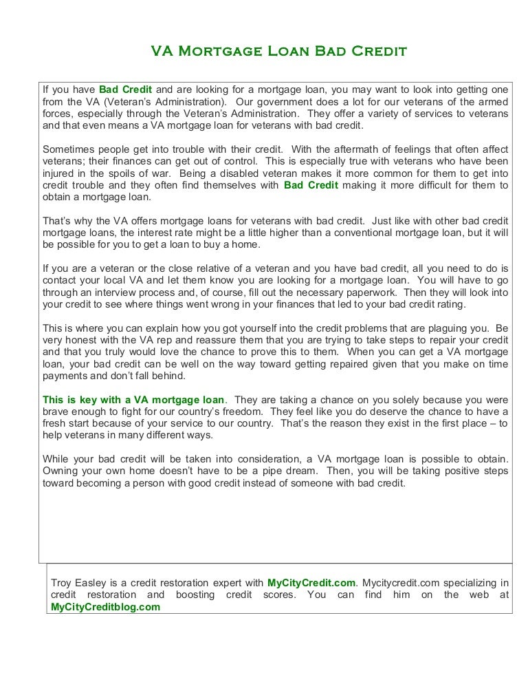 Va mortgage loan bad credit