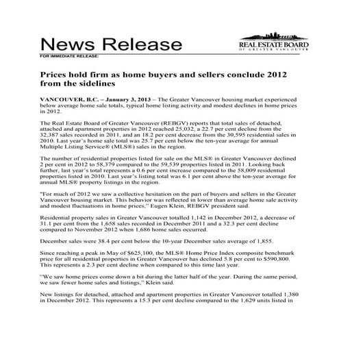 Vancouver Real Estate December 2012 Stats Package REBGV