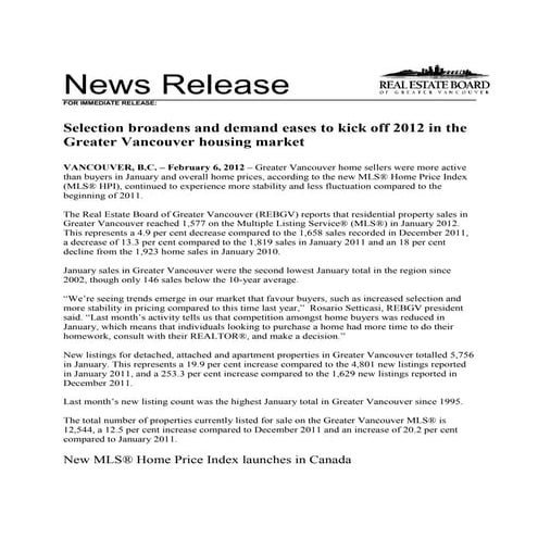 Vancouver real estate january 2012 stats package rebgv