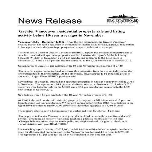 Vancouver real estate november 2012 stats package rebgv