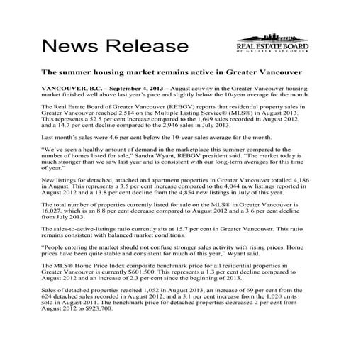 Vancouver real estate stats package, August 2013