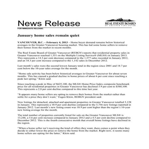 Vancouver real estate stats package, january 2013