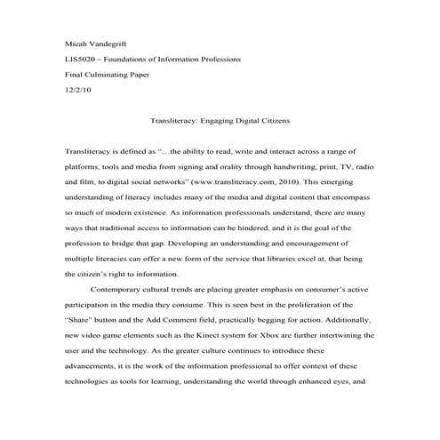 Transliteracy: Engaging Digital Citizens