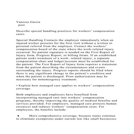 Vanessa Garcia  post Describe special handling practices f