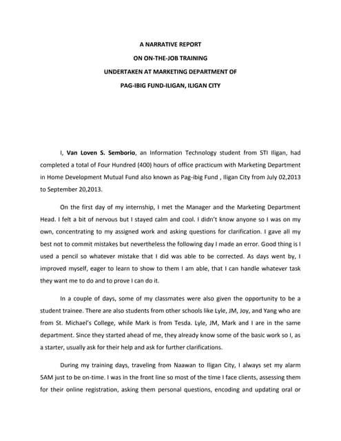 On The Job Trainee Narrative Report Sheenbie Palado