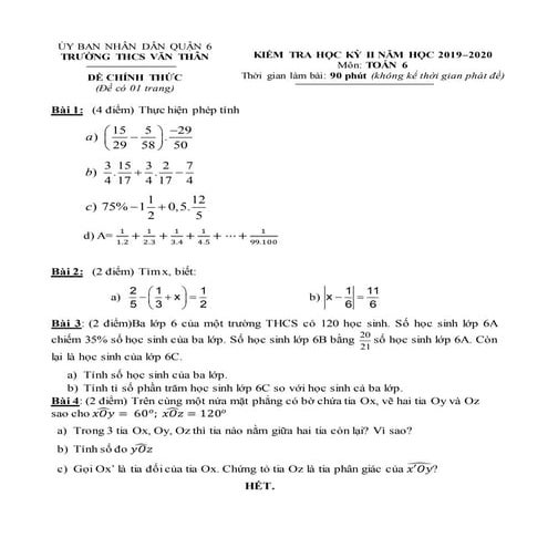 Đề Thi HK2 Toán 6 - THCS Văn Thân