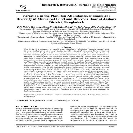 Variation in the plankton abundance, biomass and diversity of Municipal ...