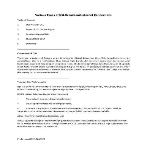 Various types of dsl broadband internet connections