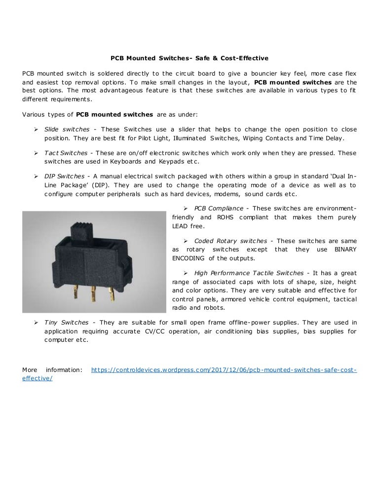 Various types of PCB Mounted Switches