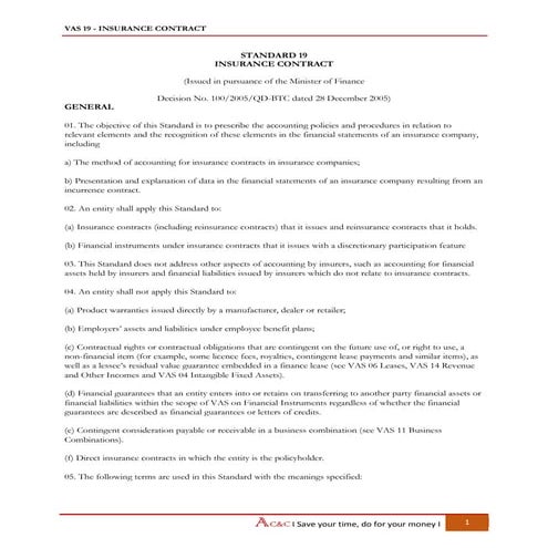 Vietnam Accounting Standards - VAS 19 Insurance Contract | PDF