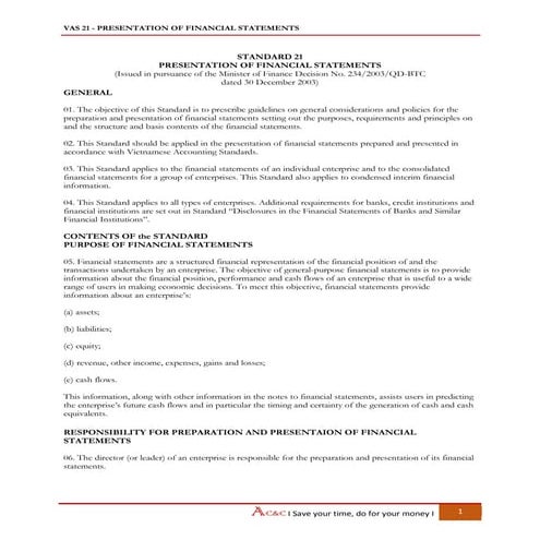 Vietnam Accounting Standards - VAS 21 Presentation of financial statements