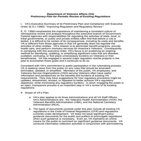 Department of Veteans Affairs Preliminary Regulatory Reform Plan
