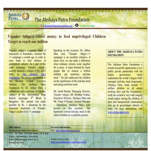 Vasudev adiga’s raised money to feed unprivileged children target to reach one million