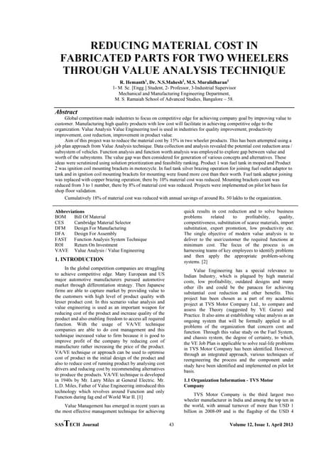 Application of VAVE in Cost reduction at Automobile Industry | PDF
