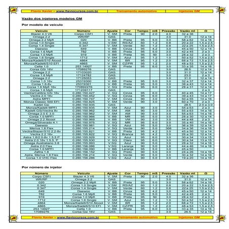 Vazão dos injetores modelos gm