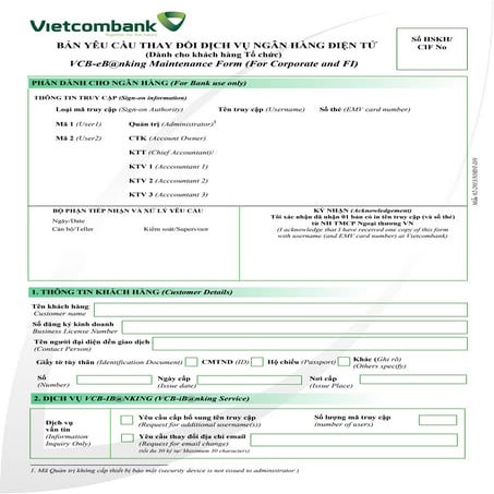 VCB-eB@nking : Bản yêu cầu thay đổi dịch vụ ngân hàng điện tử dành cho tổ chức