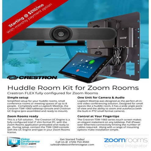 Crestron Flex bundle with Logitech Meetup for Huddle & Small Zoom Rooms