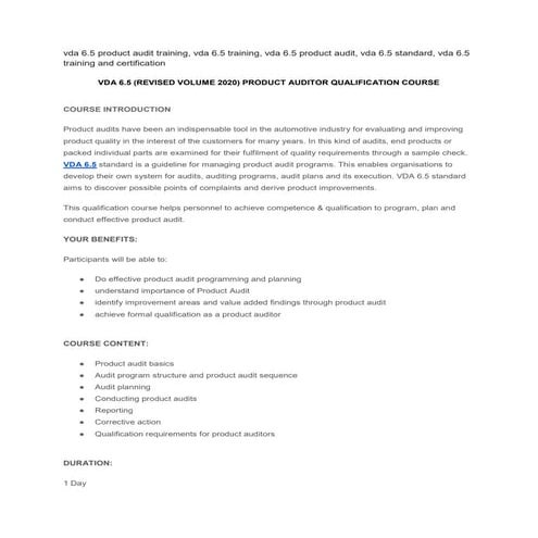 VDA 6.5 (REVISED VOLUME 2020) PRODUCT AUDITOR QUALIFICATION COURSE