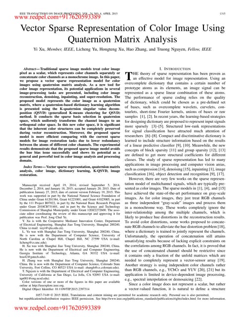 Vector sparse representation of color image using quaternion matrix analysis