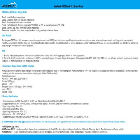 VeePeak OBDCheck BLE Bluetooth User Guide