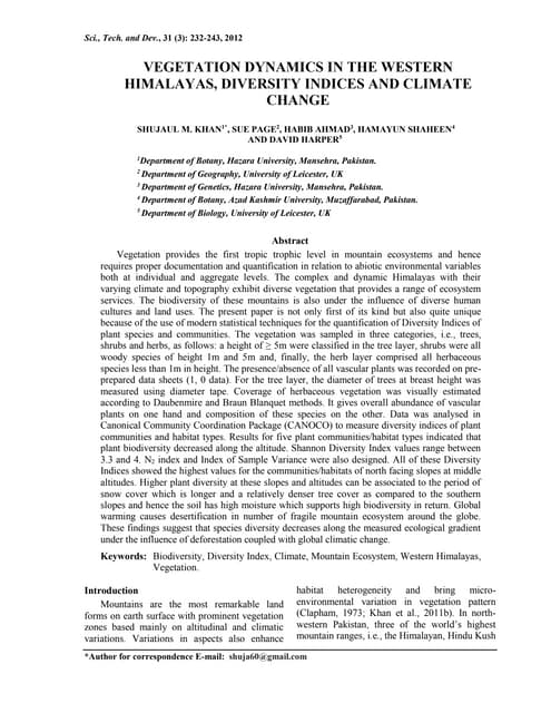 Vegetation dynamics in the western himalayas, diversity indices and climate change