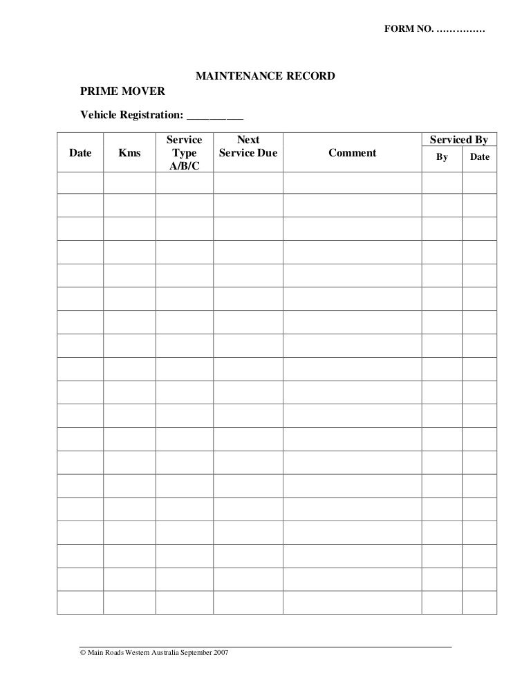 Vehicle Maintenance Register for truck, dolly and trailer