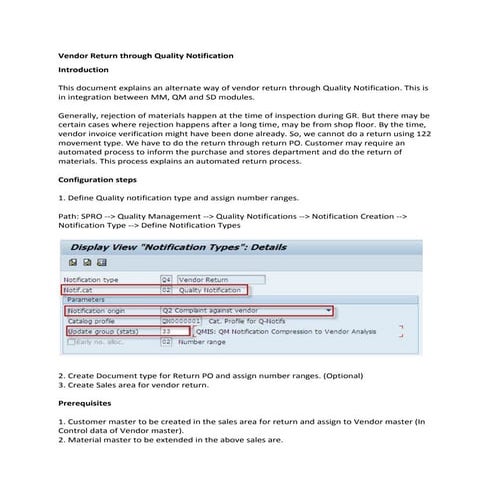 Vendor return through quality notification