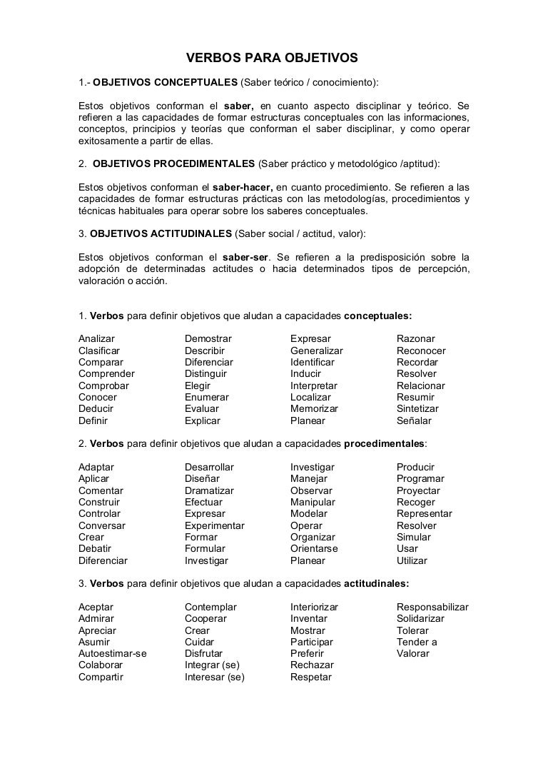 Verbos para redactar objetivos