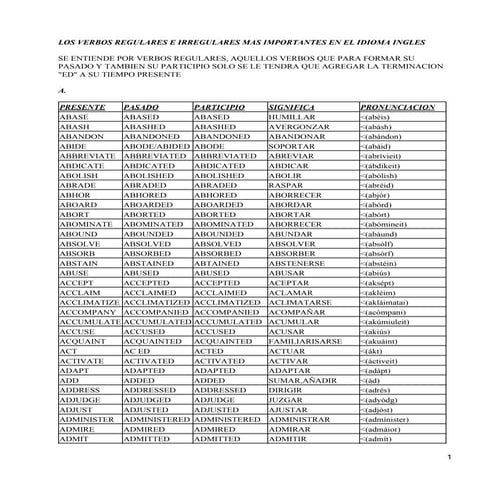 Pasado simple y participio de los verbos irregulares en Inglés. | DOC
